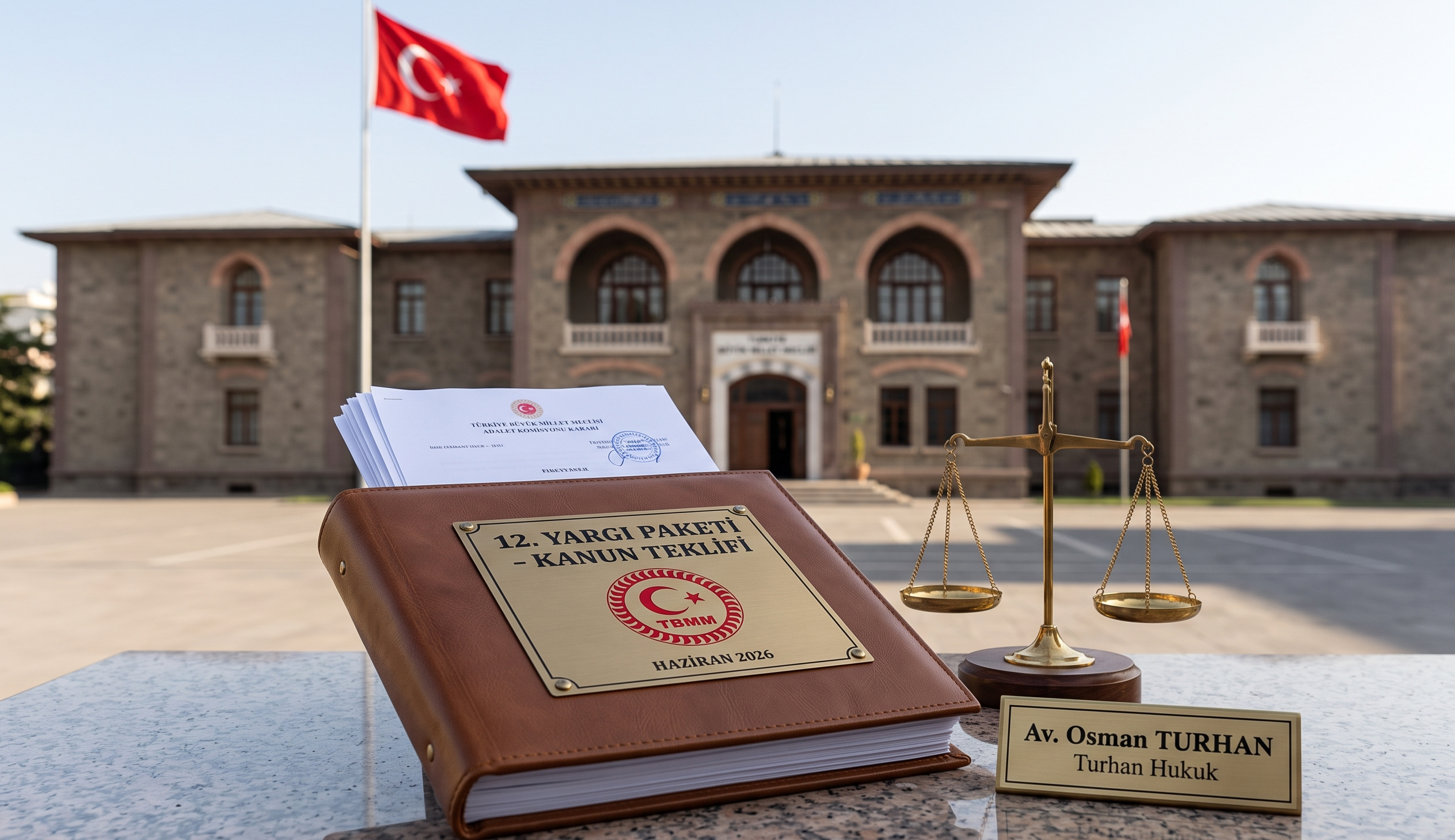 TBMM binası önünde duran adalet terazisi ve 12. yargı paketi kanun teklifi dosyasını gösteren profesyonel hukuki temsil görseli.