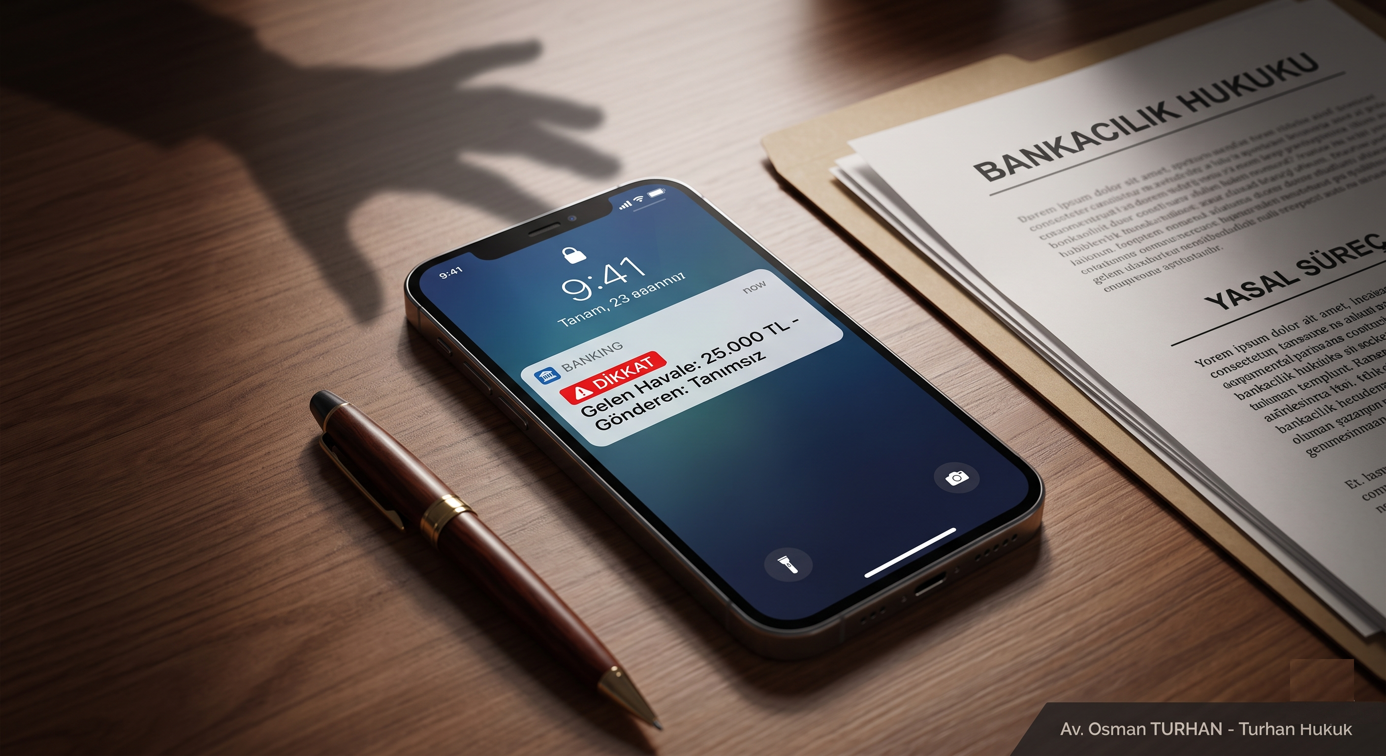 Hesaba yanlış para gelmesi tehlikesini gösteren, ekranında şüpheli havale bildirimi bulunan akıllı telefon ve hukuki süreç belgeleri.