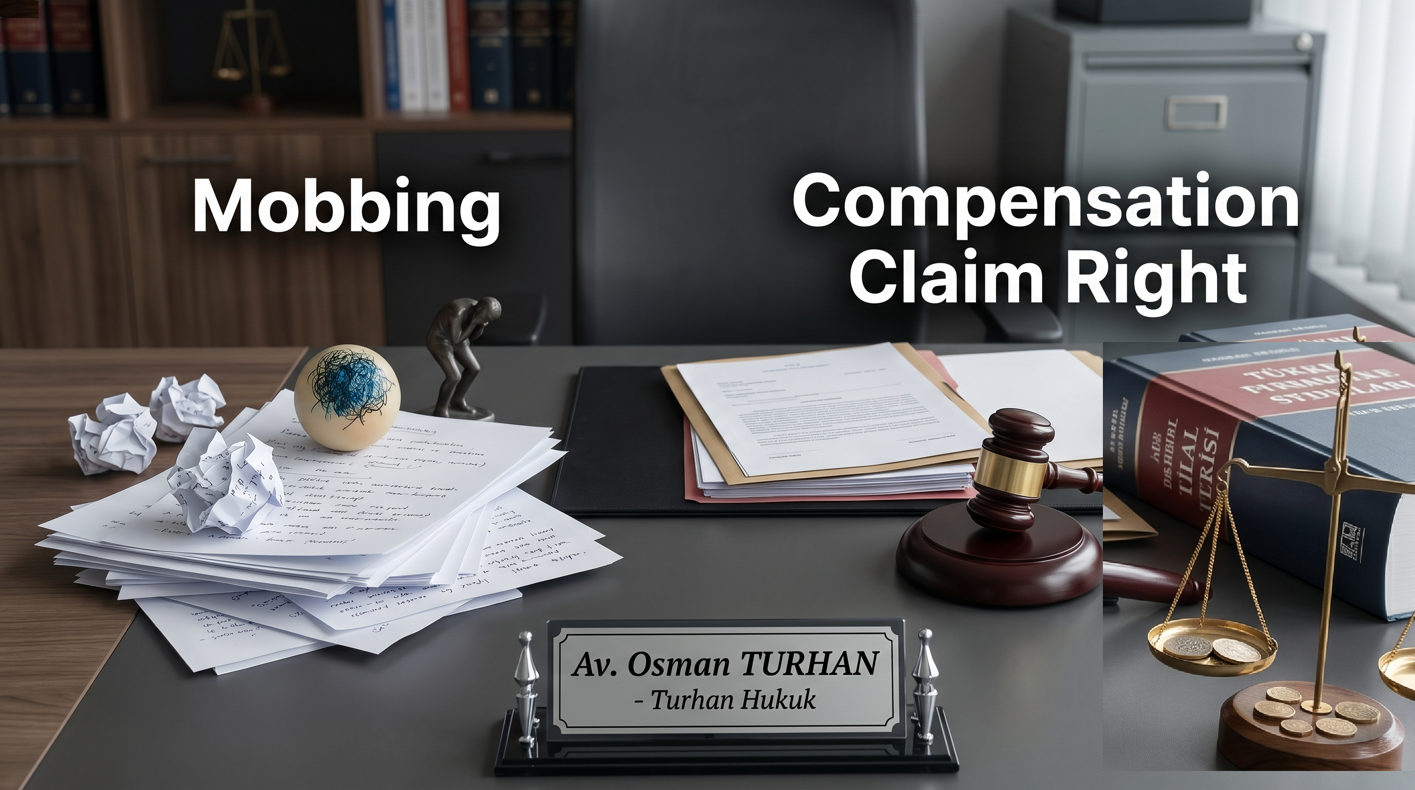Bir tarafta ezilmiş kağıtlar ve stres topu olan, diğer tarafta hukuk kitapları ve çekiç bulunan bir hukuk ofisi masası. Bu görsel, işyerinde mobbing ve tazminat hakkı arasındaki karşıtlığı simgeliyor.