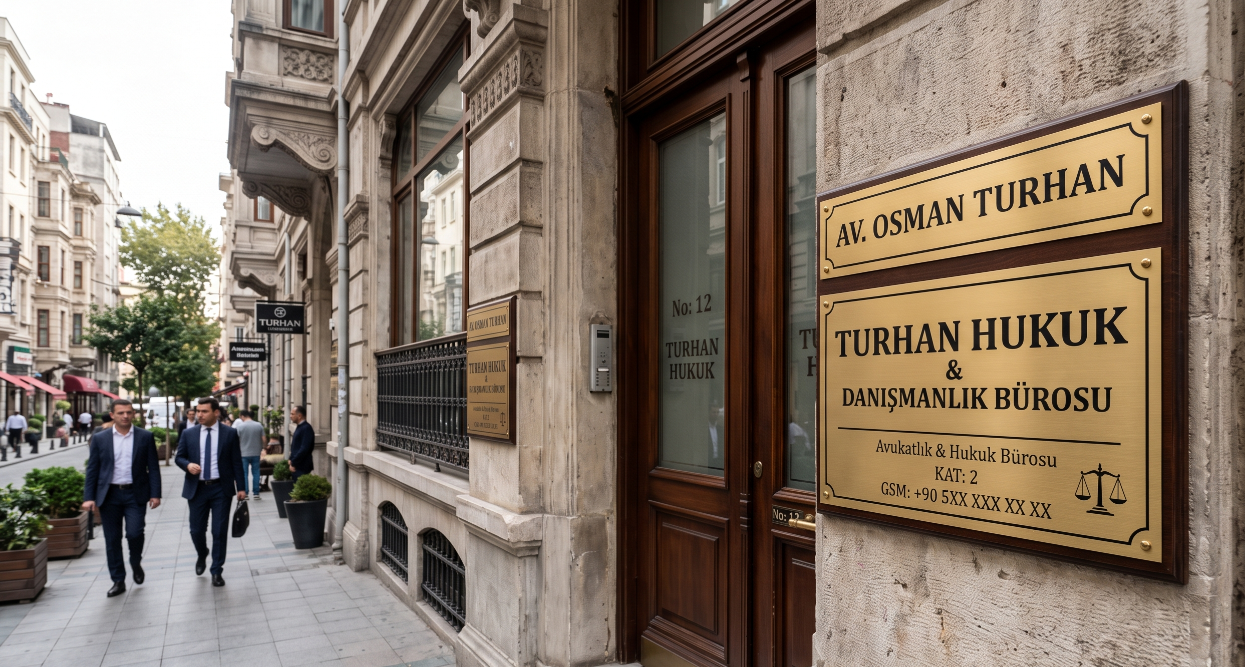 Bir avukatlık bürosunun giriş kapısının yanındaki mermer duvara monte edilmiş, "HUKUK BÜROSU" ve "DANIŞMANLIK" yazılı, pirinç ve ahşap detaylı klasik bir tabela.