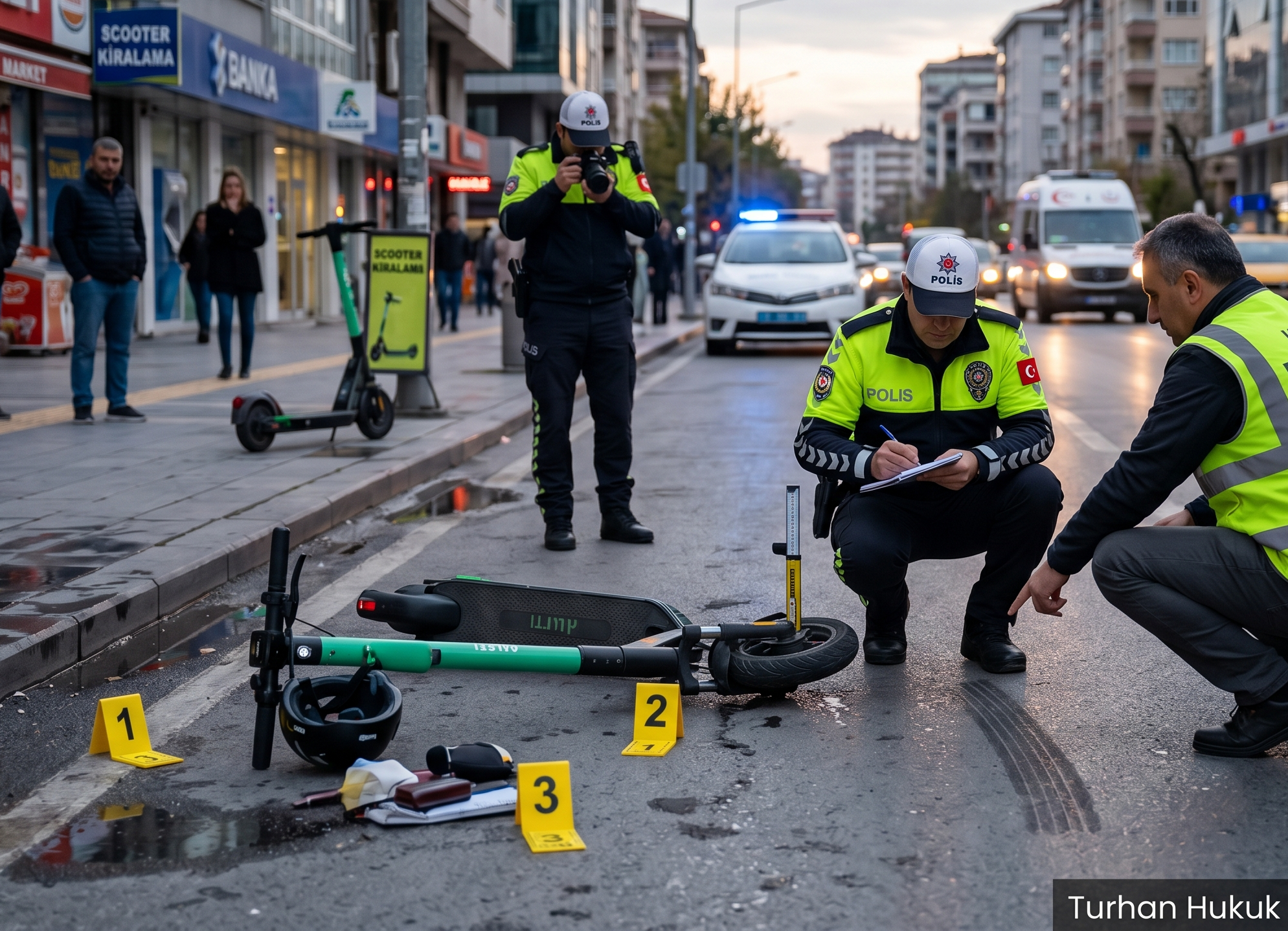 Trafik polisleri ve kaza bilirkişisi tarafından yapılan elektrikli scooter kazalarında kusur oranı tespiti ve olay yeri inceleme çalışmaları.
